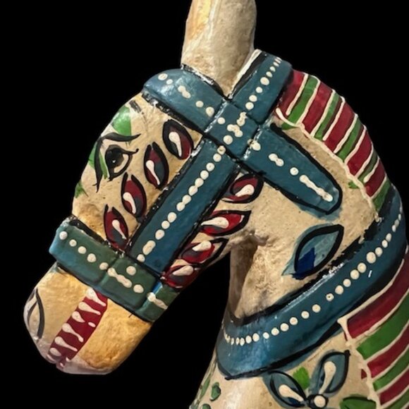 Vintage Large Folk Art Hand-Carved and Hand Painted Wooden Horse on Wheels 13.5H - Picture 7 of 15